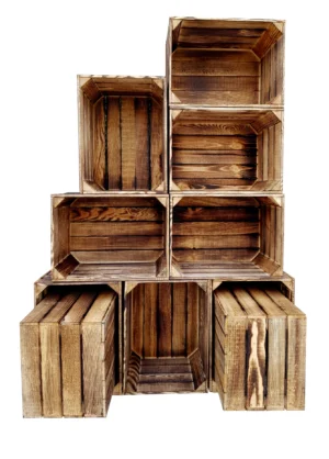 Geflammte Holzkisten 10er Set 39x29x24 cm aus Massivholz