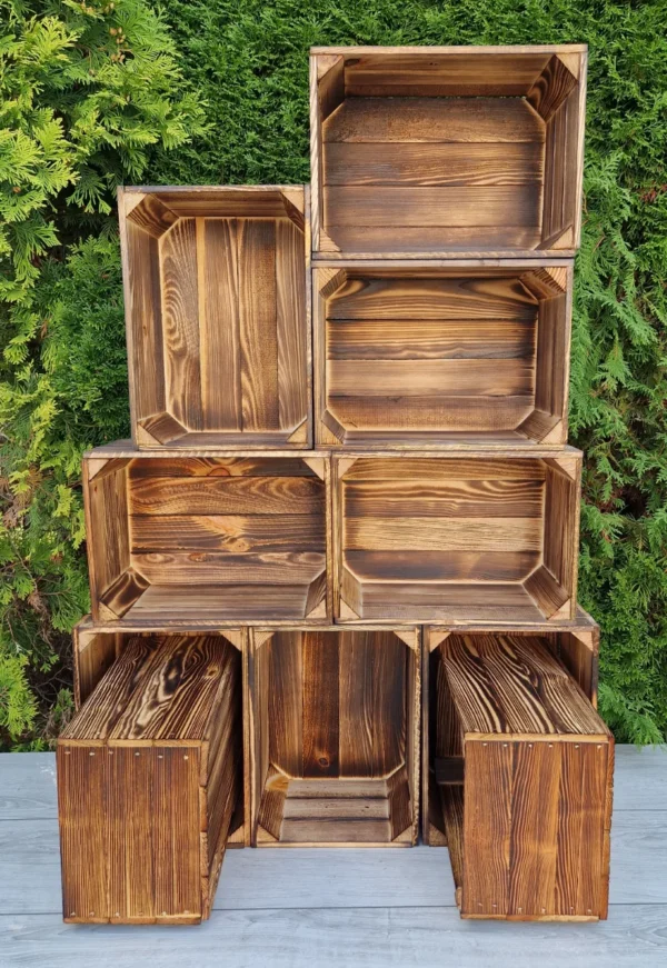 Lot de 10 caisses en bois 35×25×19 cm – effet brûlé, pin massif
