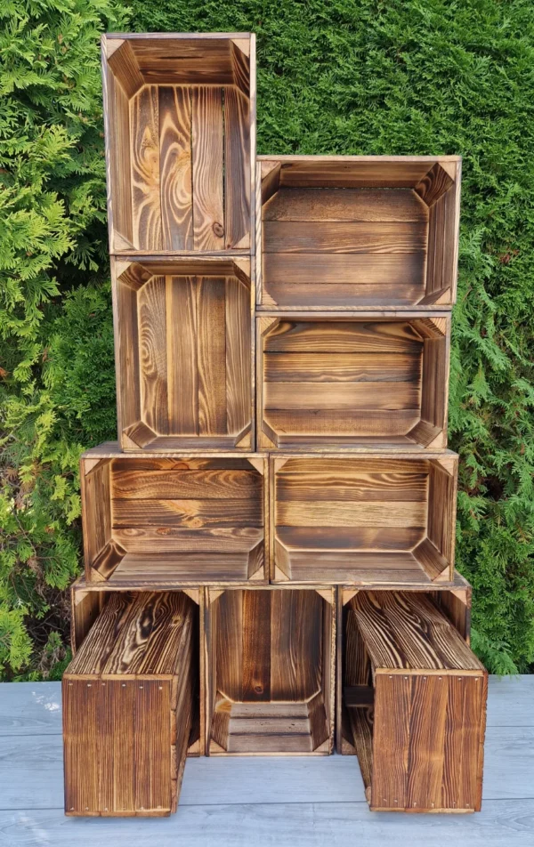 Lot de 10 caisses en bois 35×25×19 cm – effet brûlé, pin massif