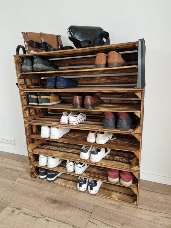 Schuhregal aus Holzkisten – groß, geflammt, für 4–8 Paar Schuhe