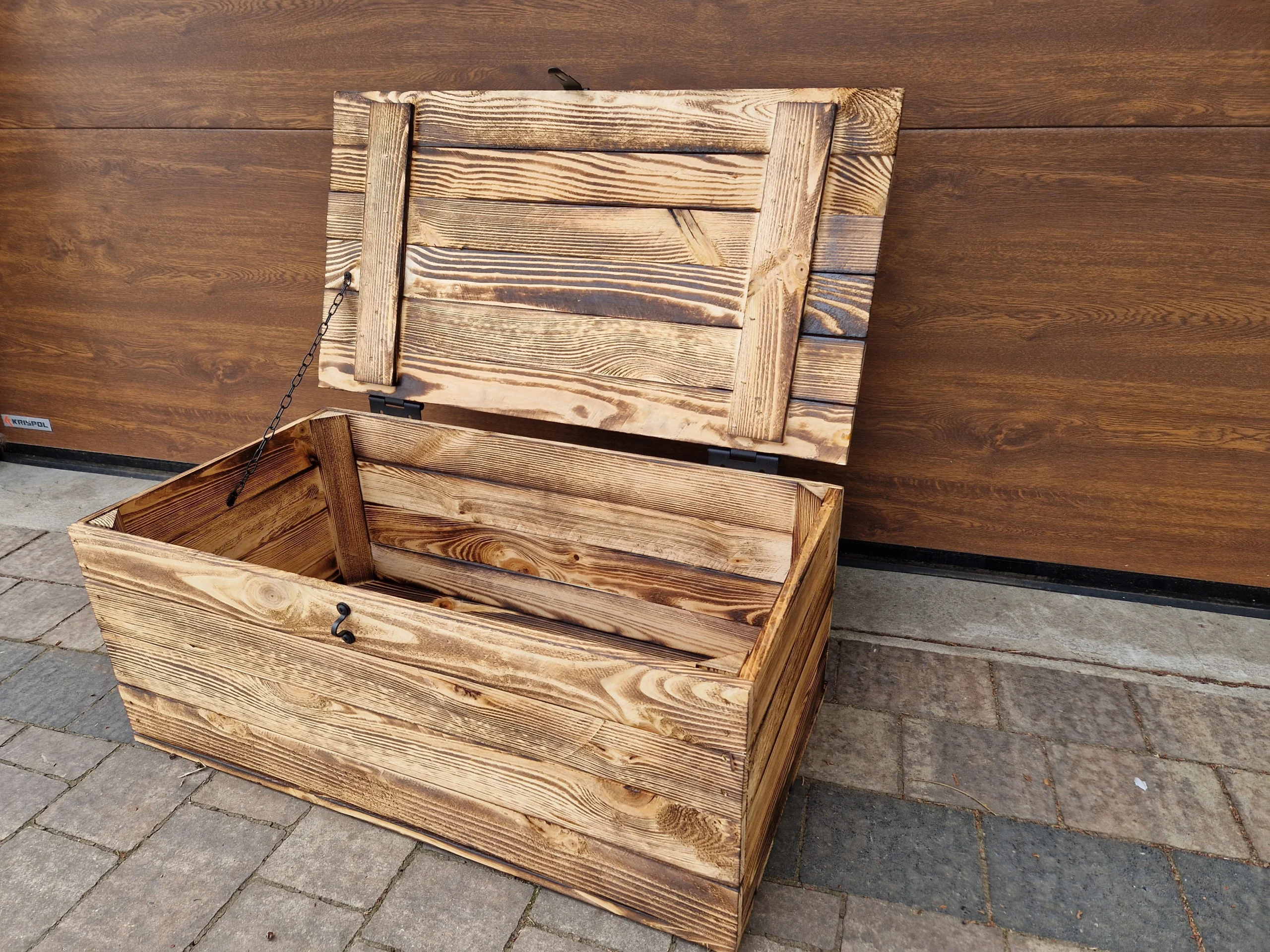 Open burnt solid pine chest with lid