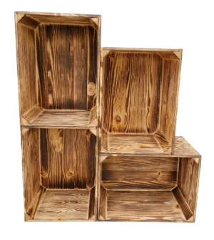 Geflammte Holzkisten Set 4 Stück 39x29x24 cm Vintage-Look