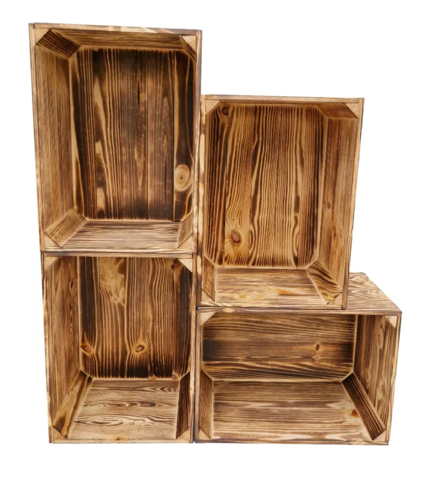 Holzkisten Set 4 Stück 39×29×24 cm – geflammt, Vintage-Look