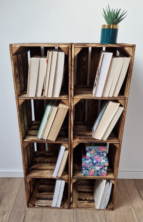 Bookshelf made from wooden crates 95×30×27 cm – burnt-effect or natural