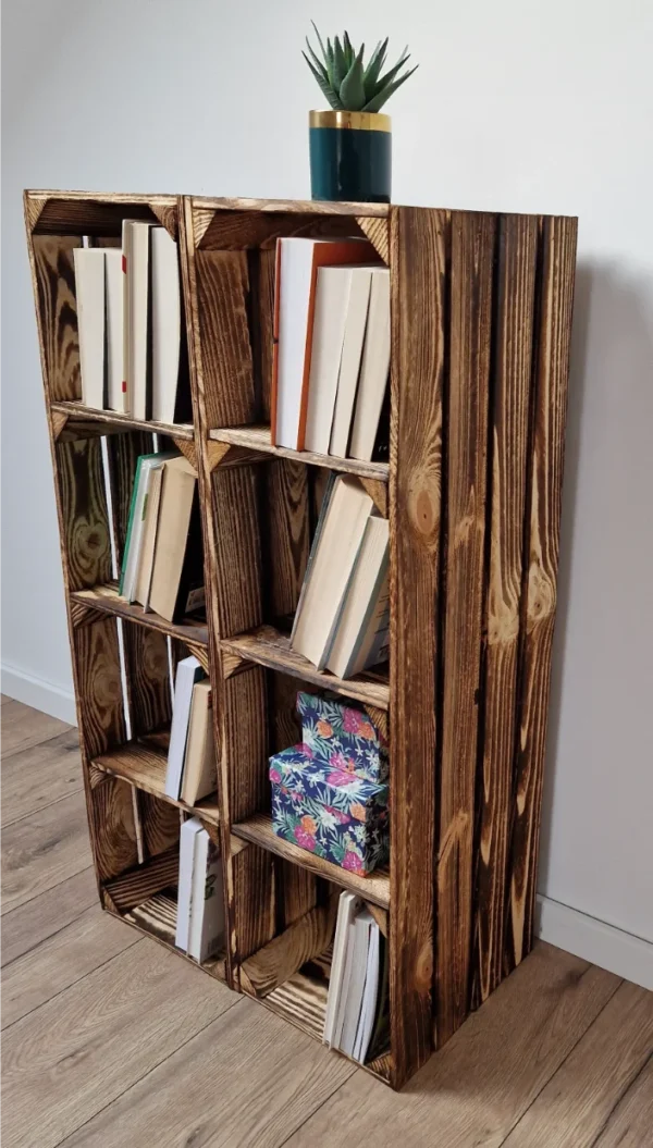 Bookshelf made from wooden crates 95×30×27 cm – burnt-effect or natural