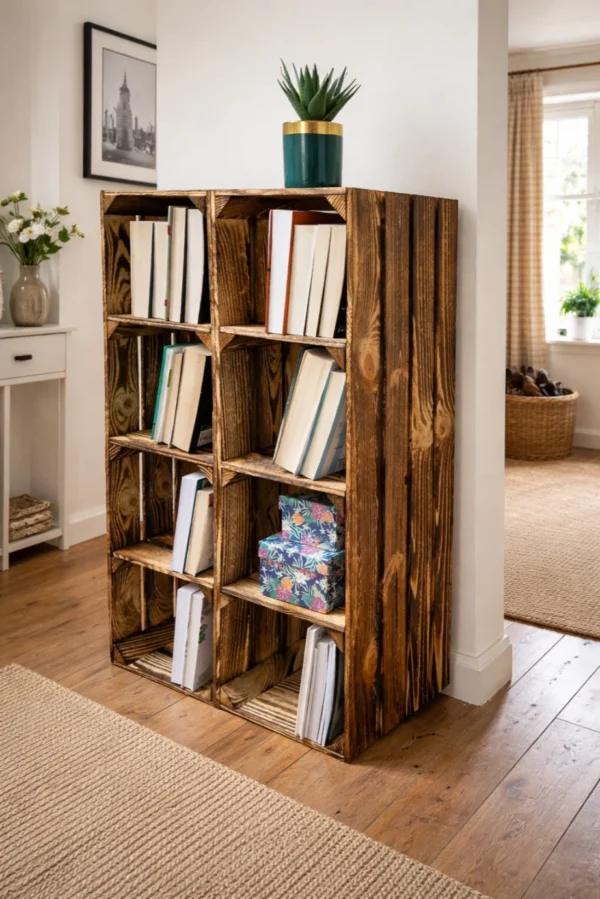 Bookshelf made from wooden crates 95×30×27 cm – burnt-effect or natural