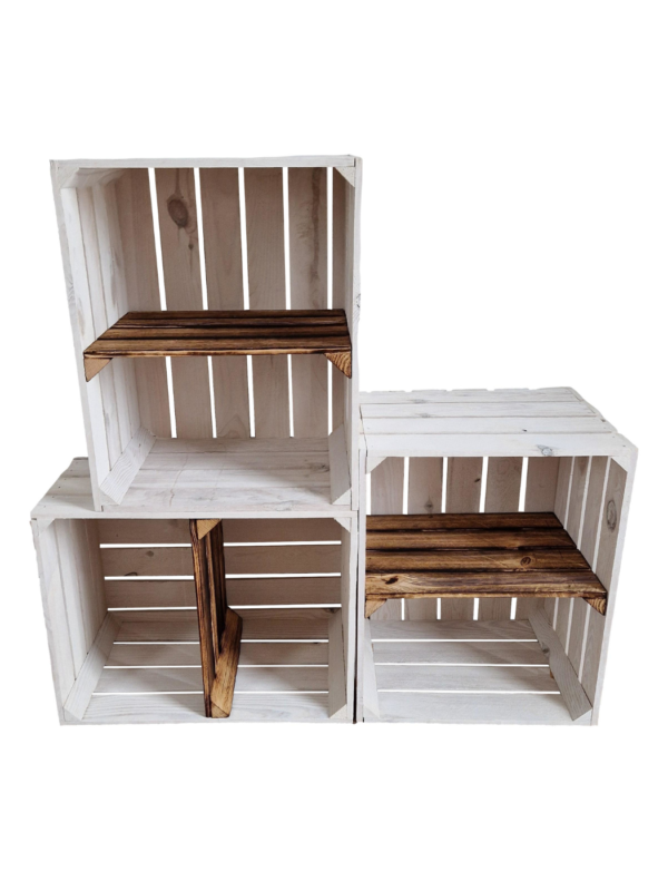 Weiße Holzkiste mit geflammtem Boden – Regal mit Ablage, 50x40x30 cm