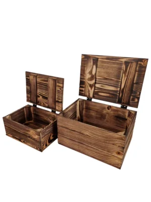 Holzkisten mit Deckel 30×20×16 cm im 2er-Set – geflammt oder natur