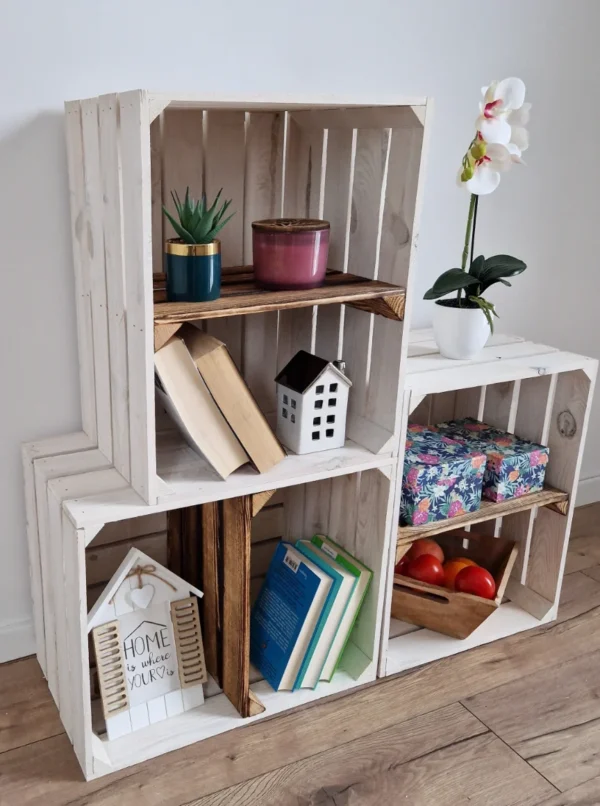 Holzkiste mit Einlegeboden 50×40×30 cm – weiß oder weiß geflammt