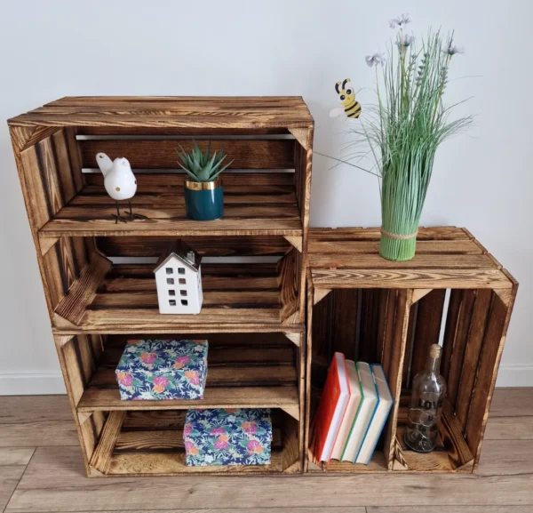 Caisse en bois avec étagère intérieure 50×40×30 cm – effet brûlé