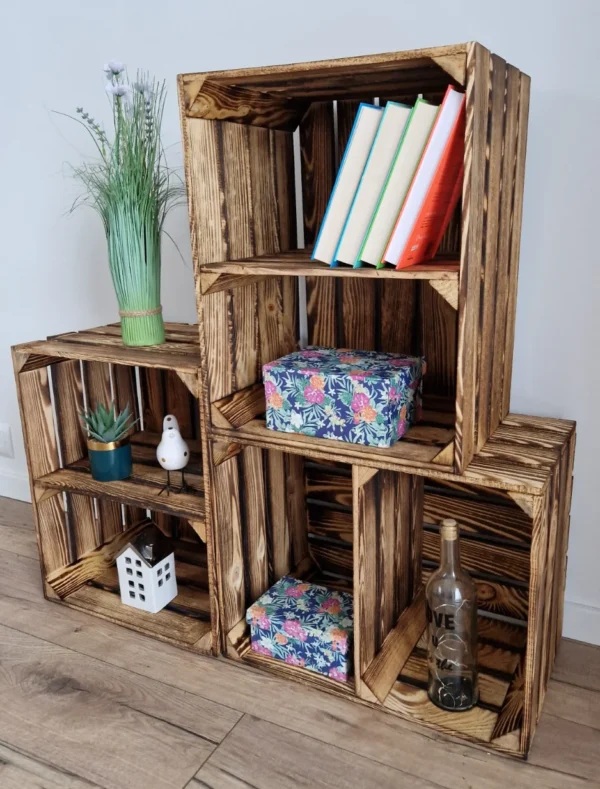 Caisse en bois avec étagère intérieure 50×40×30 cm – effet brûlé