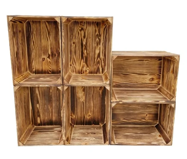Holzkisten Set 6 Stück – geflammt, Massivholz Kiefer 39×29×24 cm