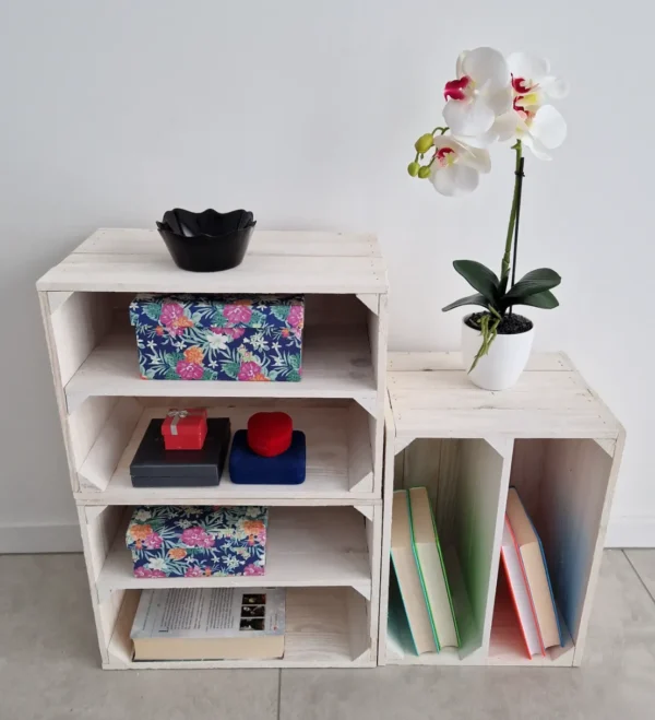 Regal aus Holzkisten mit Boden 39×29×24 cm – natur, geflammt, weiß, braun