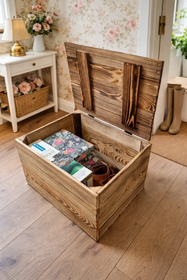 Holzkiste mit Deckel 39×29×25 cm – geflammt, Massivholz