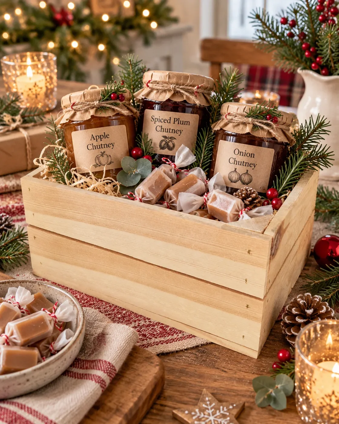 Hausgemachter Geschenkkorb in einer Holzkiste mit Gläsern voller Eingemachtem, Karamellbonbons und rotem Band