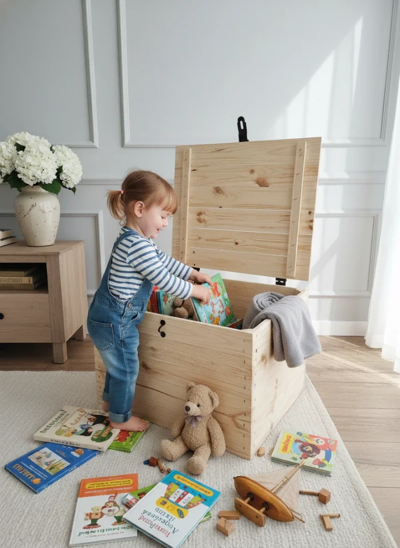 Child playing at a wooden toy chest