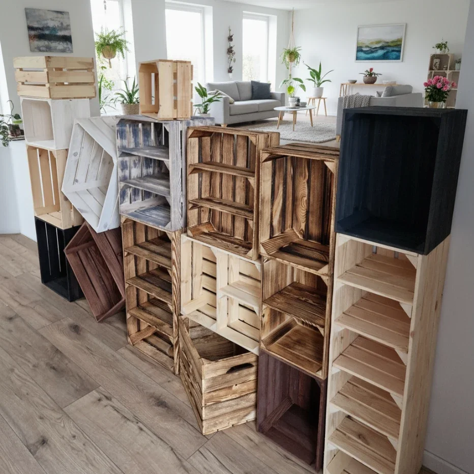 Helle Holzkisten im Wohnzimmer als Modulregal angeordnet