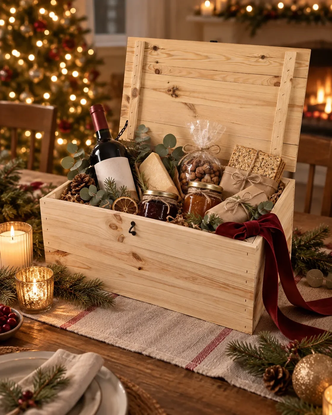 Geschenkkorb in einer naturbelassenen Holzkiste mit Deckel – Wein, Käse und Eingemachtes vor weihnachtlichem Hintergrund
