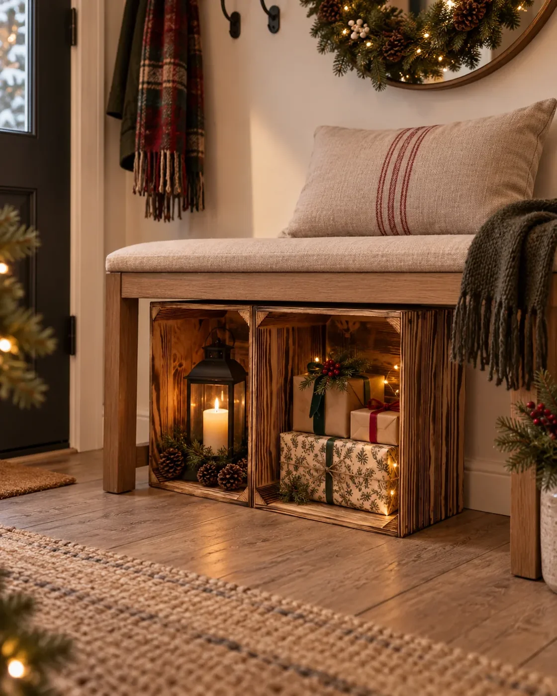 Weihnachtsgeschenke in einer Holzkiste unter einer Bank im Flur