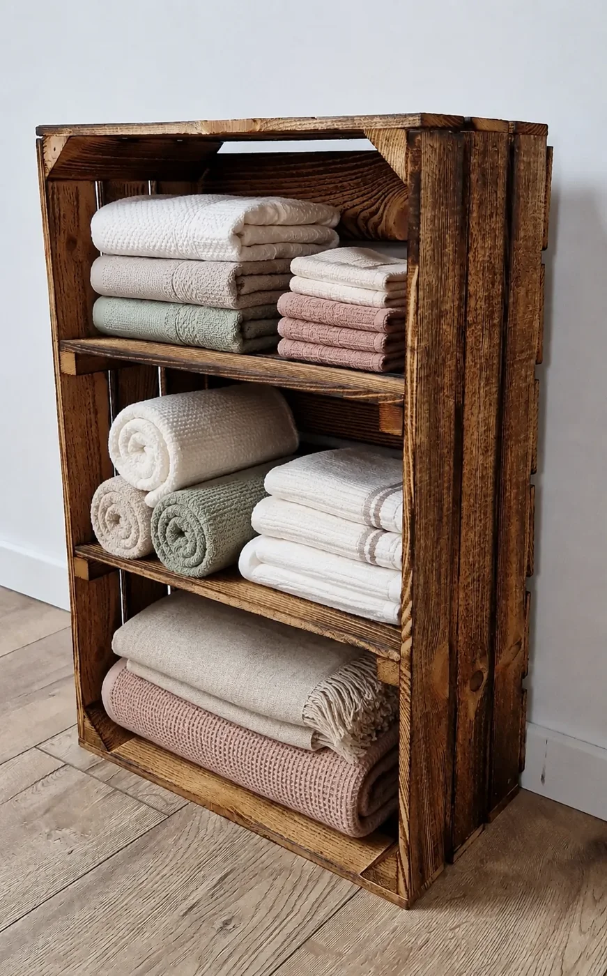 Shelving made from burnt wooden boxes with folded towels and blankets