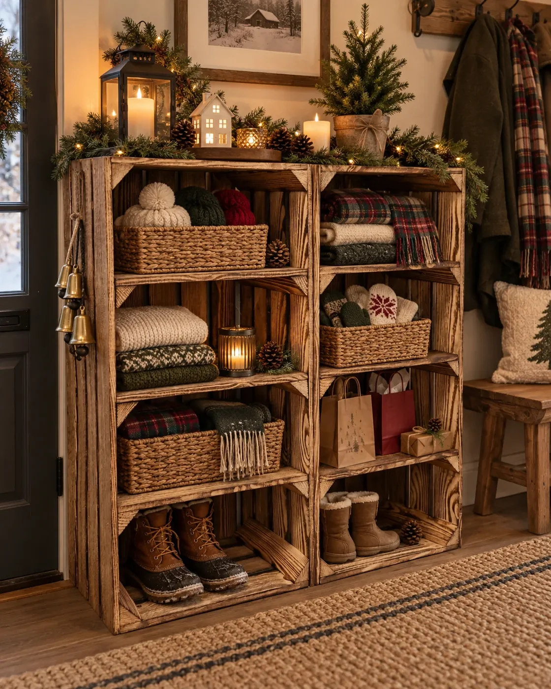Rek van gebrande houten kisten met kerstcadeaus, truien en schoenen