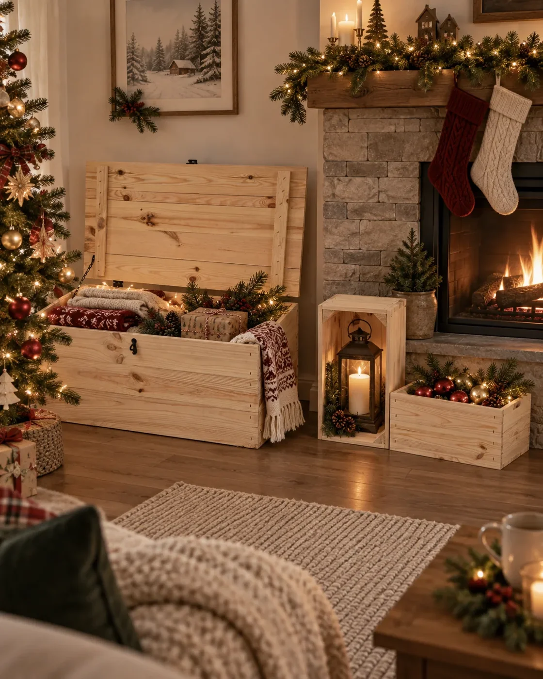 Helle Holztruhe mit Decken und Geschenken am Kamin in einem weihnachtlichen Wohnzimmer