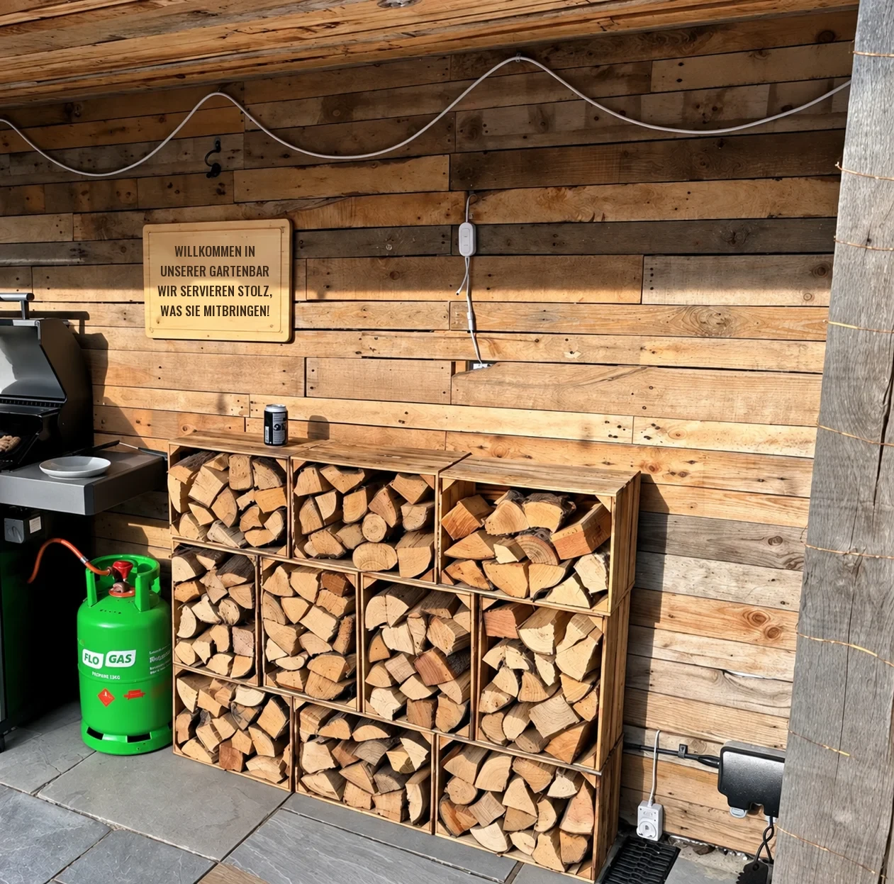 Étagère à caisses avec bois de cheminée sous un abri en bois