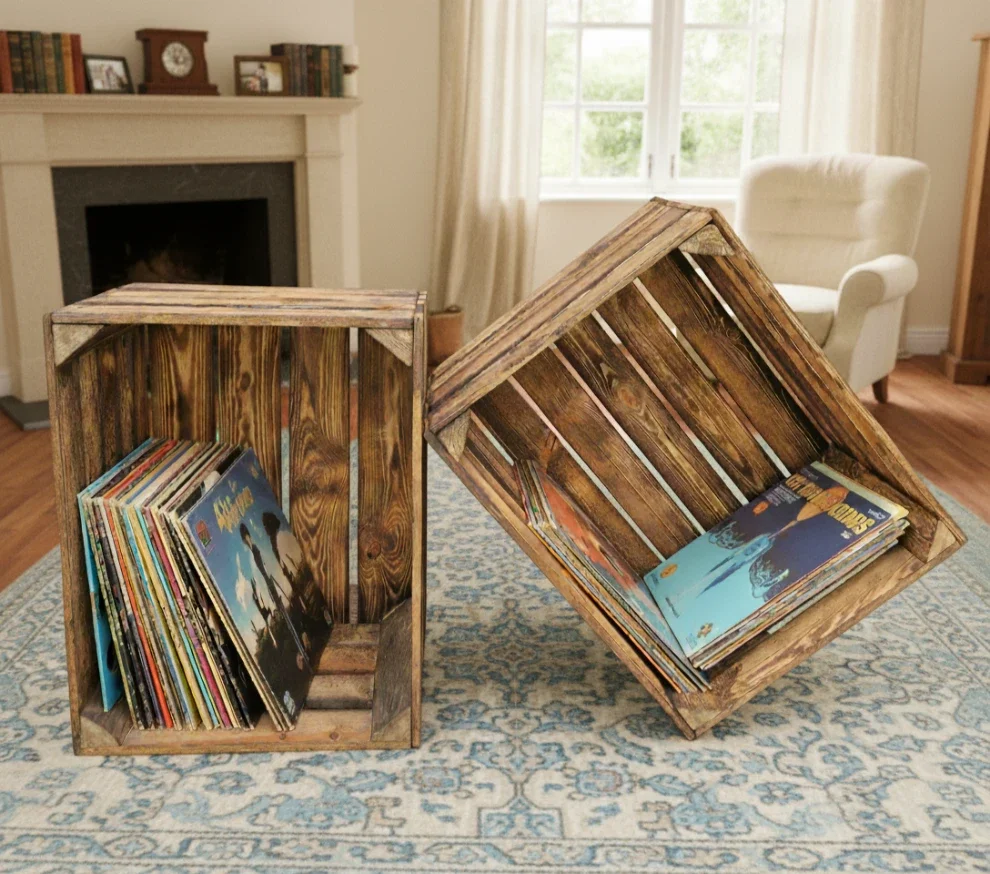 Wooden crates with records in the living room