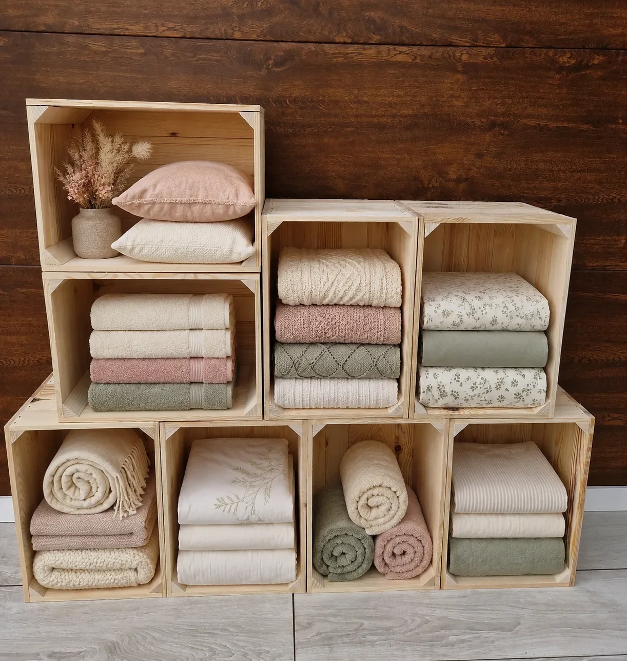 Wooden boxes with neatly folded bedding and towels in shelving compartments