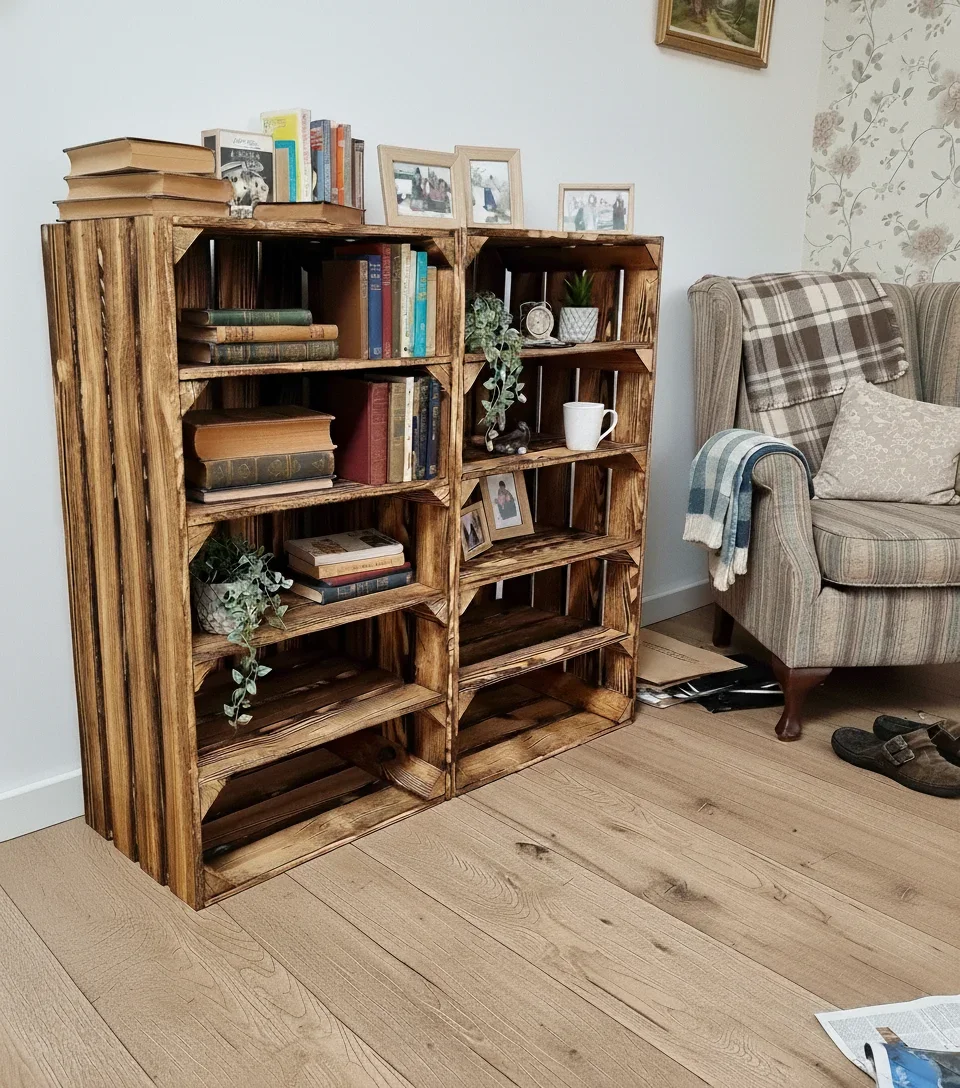 Hohes Regal aus geflammten Holzkisten im Wohnzimmer