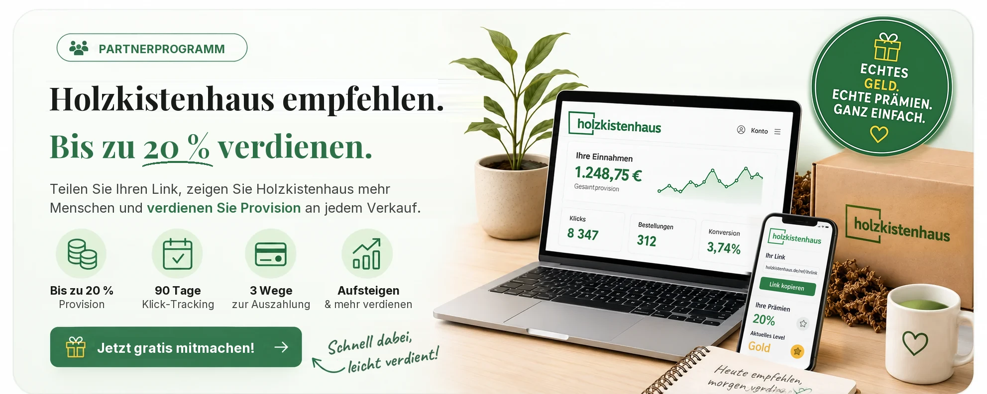 Partnerprogramm Holzkistenhaus — empfehlen und bis zu 20% verdienen