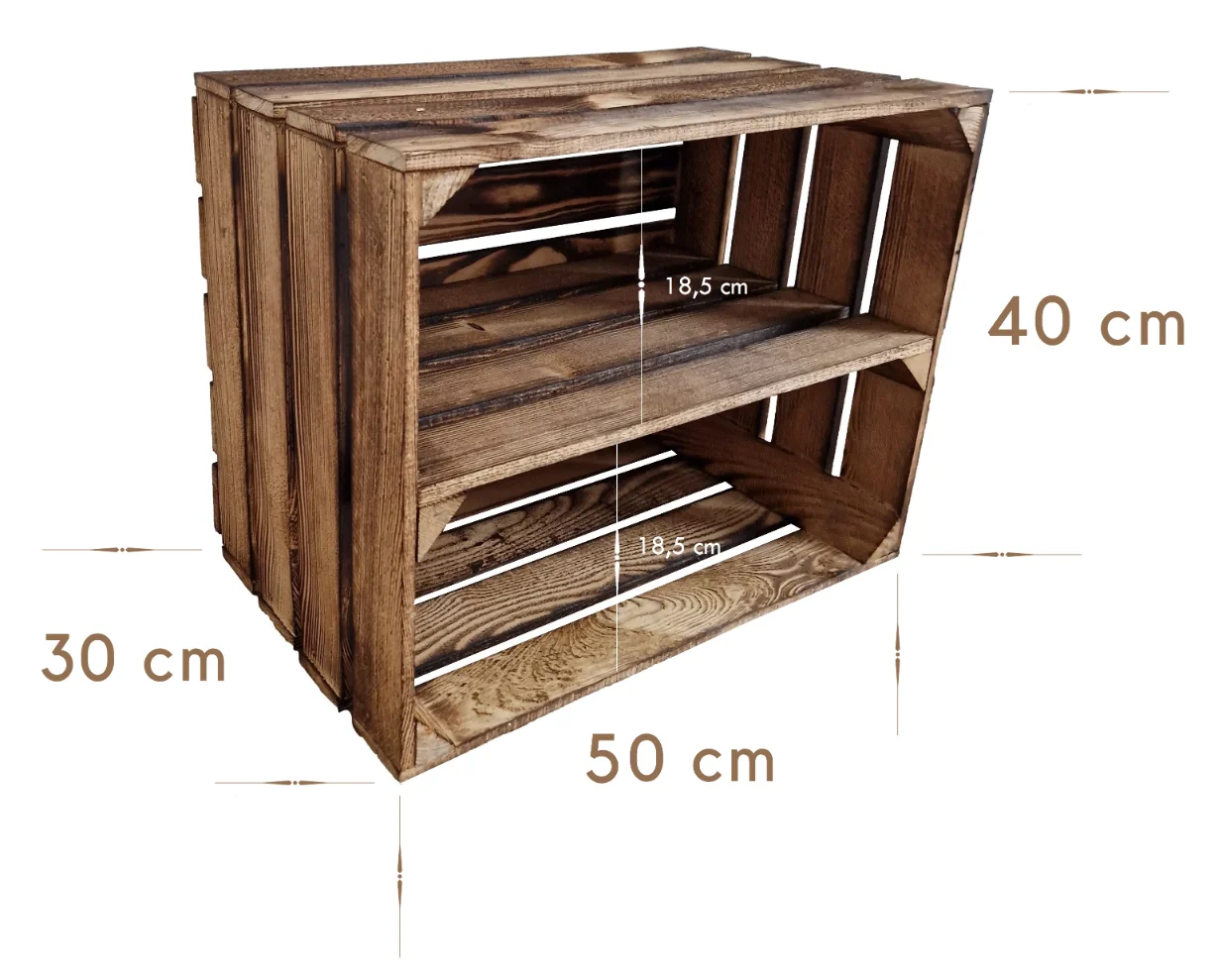 Caisse en bois à effet brûlé avec étagère intérieure, vue