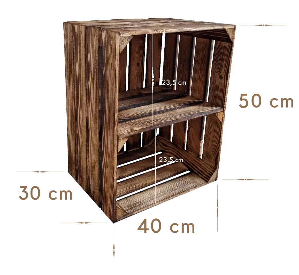 Caisse en bois à effet brûlé avec étagère intérieure, dimensions