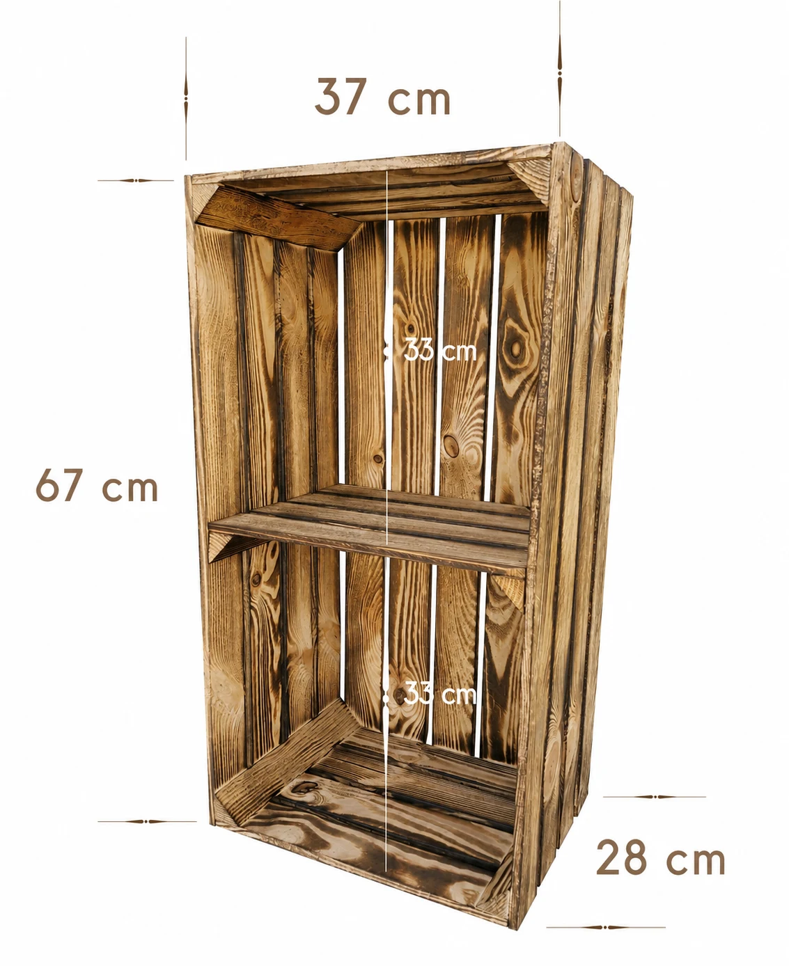 Holzkiste mit 1 Regalboden, Maße 67x37x28 cm