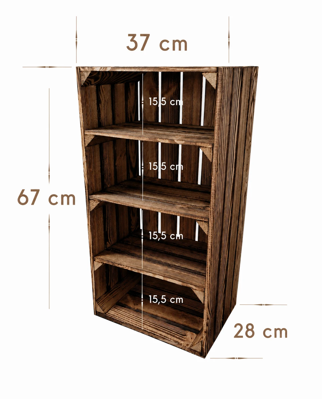 Holzkiste mit 3 Regalböden, Maße 67x37x28 cm