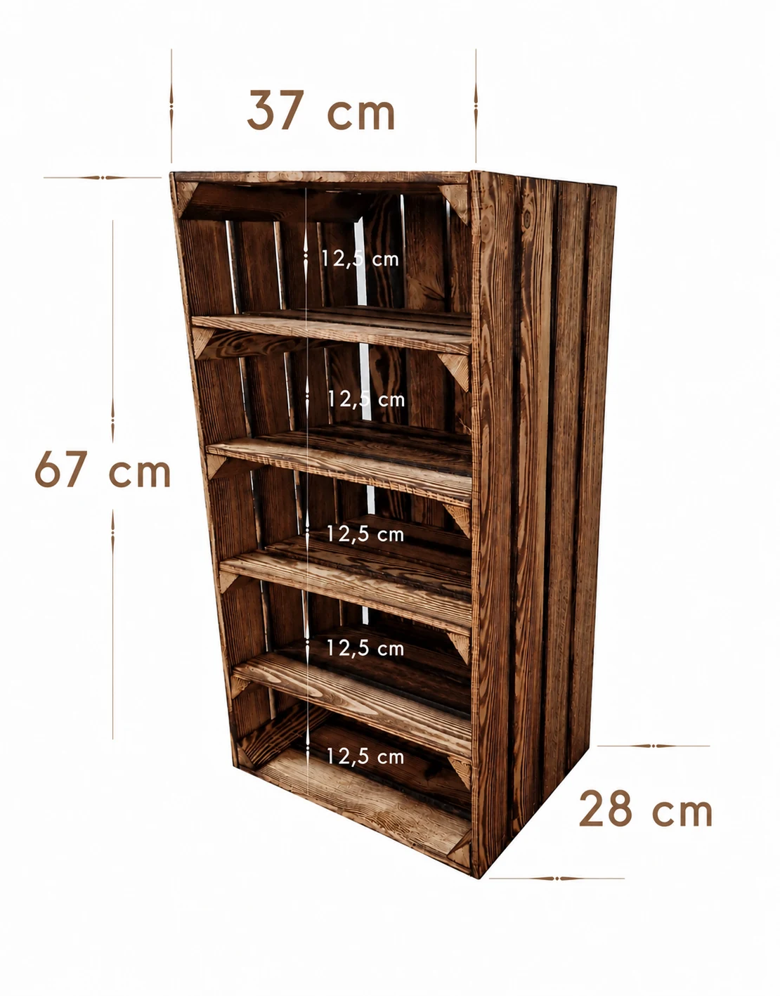Holzkiste mit 4 Regalböden, Maße 67x37x28 cm