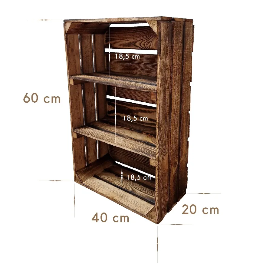 Burnt-effect wooden crate 60×40×20 cm with shelves – product view