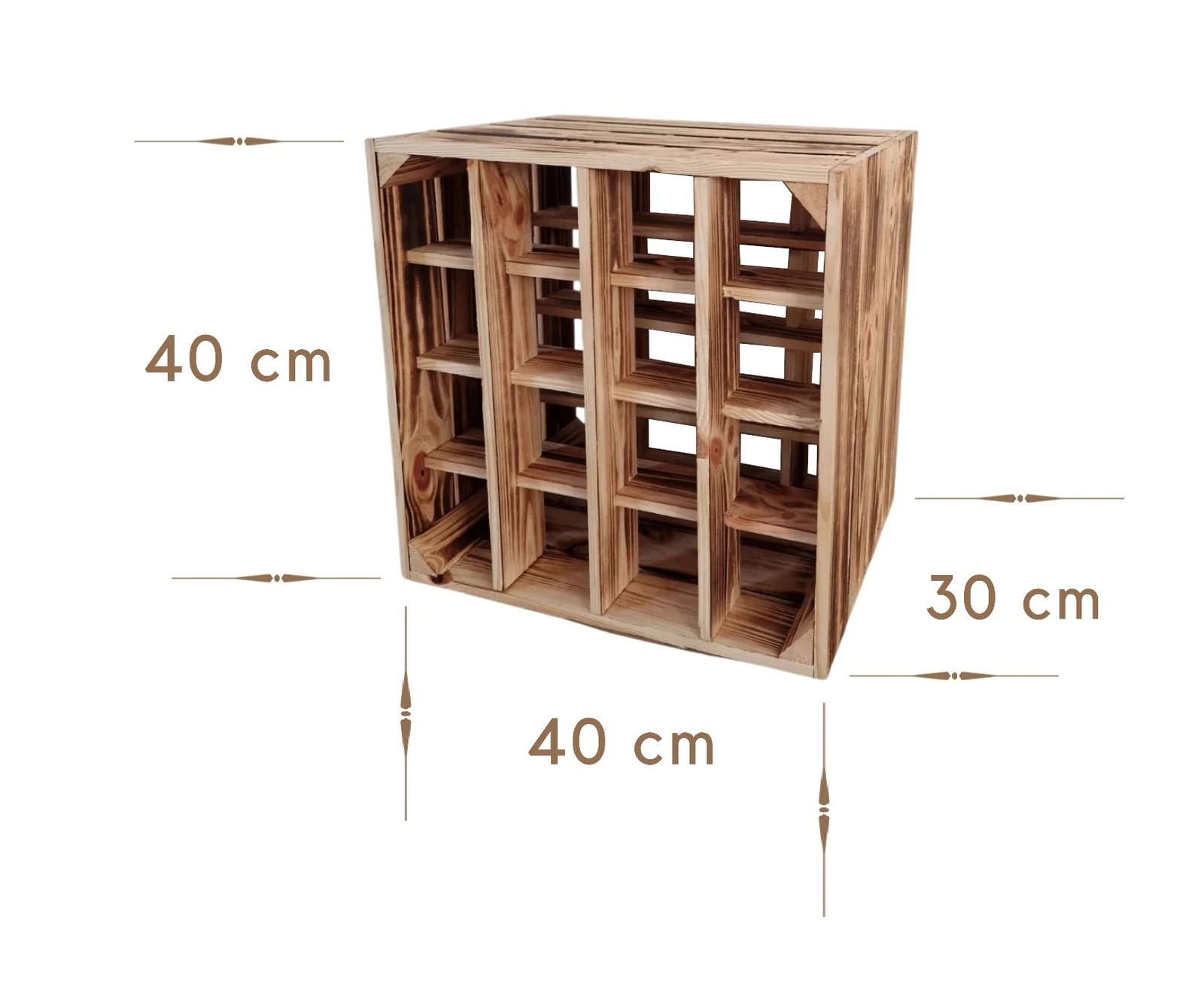 Weinkiste 40x40x30 cm, Abmessungen und geflammte Holzoberfläche
