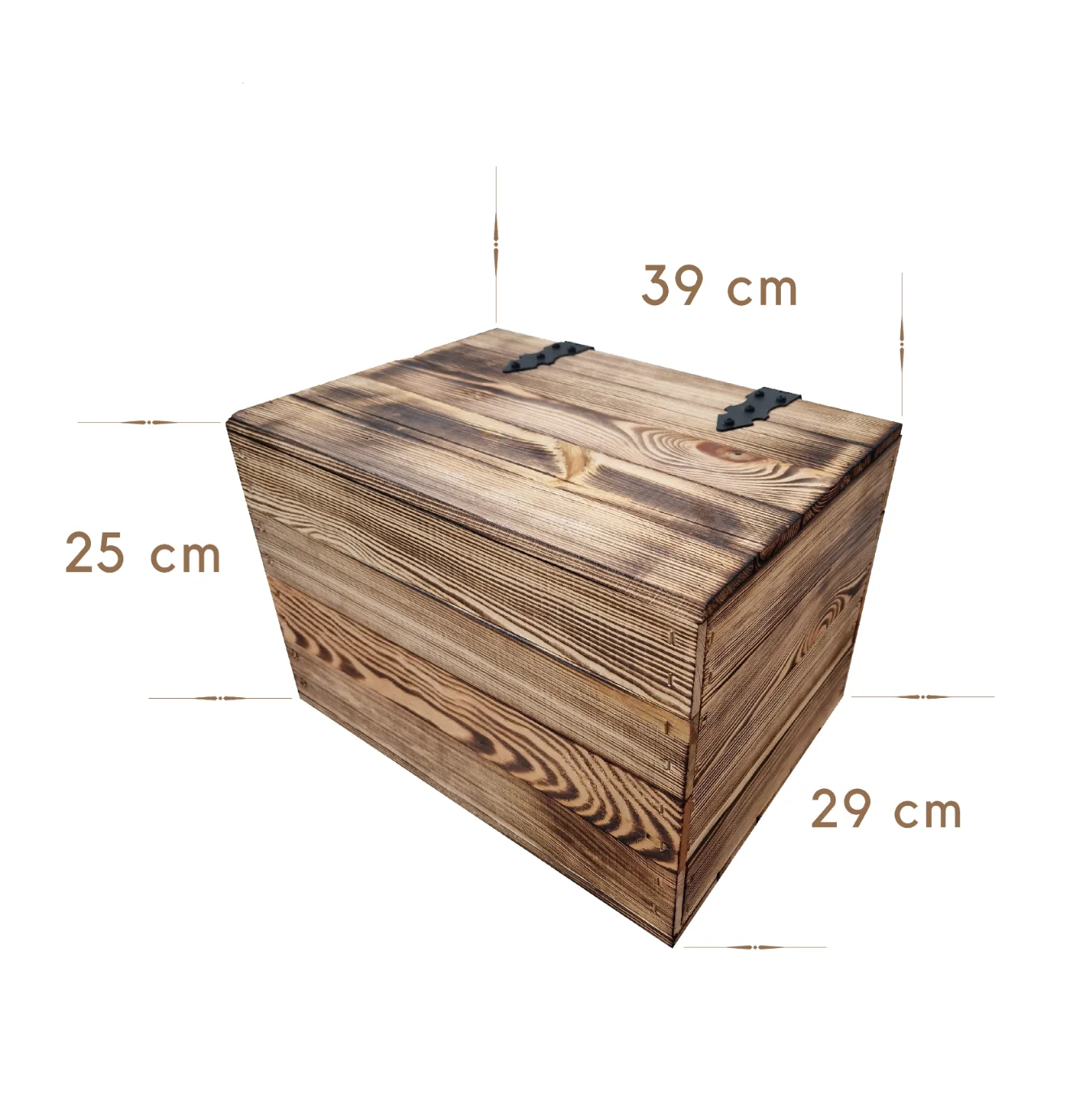 Geflammte Holzkiste mit Deckel, 39x29x25 cm, Massivholz