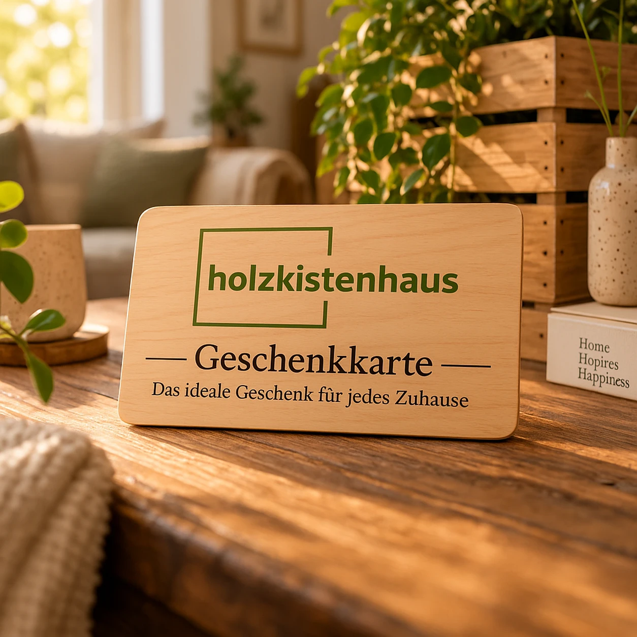 Hölzerne Geschenkkarte von Holzkistenhaus auf einem Tisch