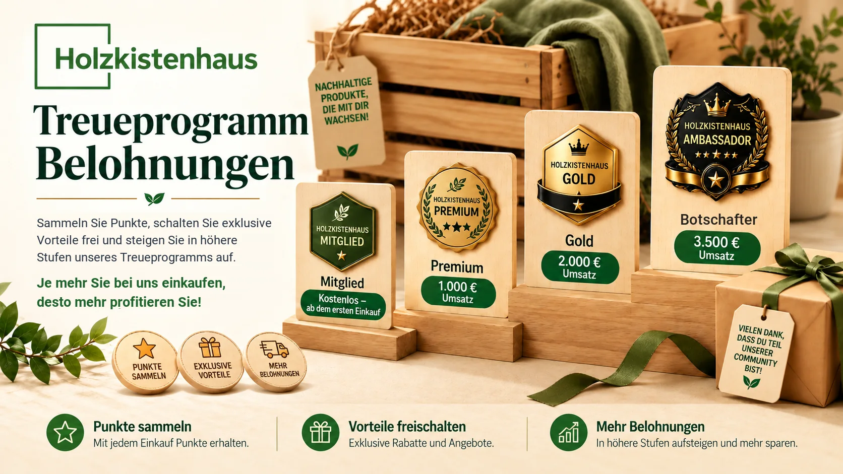 Holzkistenhaus Prämienprogramm – Sammeln Sie Punkte, schalten Sie Vorteile frei und steigen Sie auf: Mitglied, Premium ab 1.000 €, Gold ab 2.000 €, Botschafter ab 3.500 € Einkaufswert.