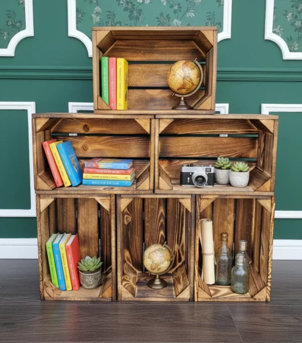 Set aus 6 kleinen Holzkisten 30×20×15 cm – geflammt, Massivholz