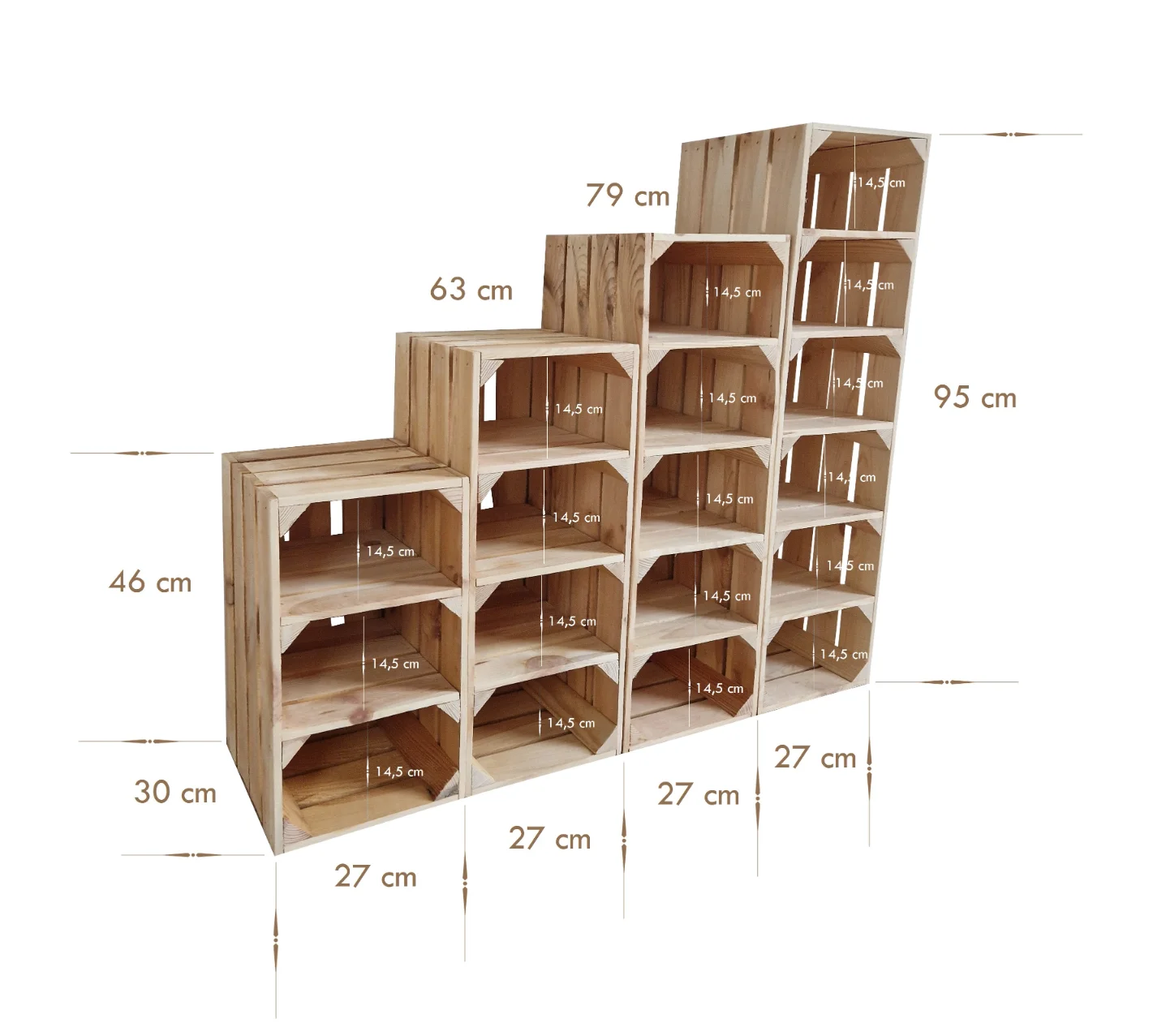 Schuhregal aus Holzkisten – natur oder geflammt, 3–6 Fächer – Maße