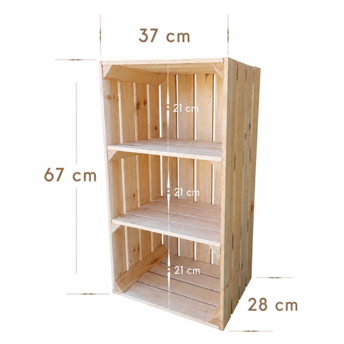 Große Holzkiste mit Regalböden 67×37×28 cm – natur oder geflammt – Maße