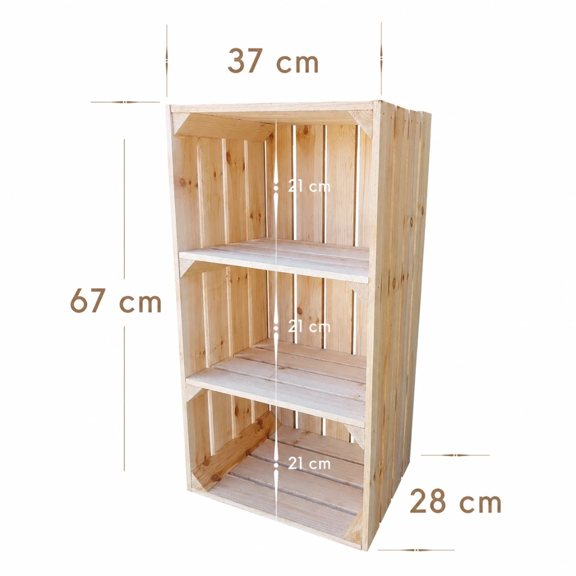 Große Holzkiste mit Regalböden 67×37×28 cm – natur oder geflammt – Maße