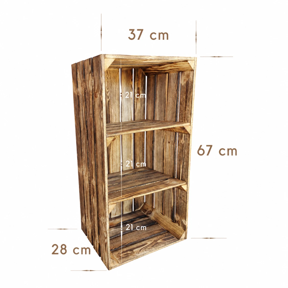 Große Holzkiste mit Regalböden 67×37×28 cm – natur oder geflammt – Maße