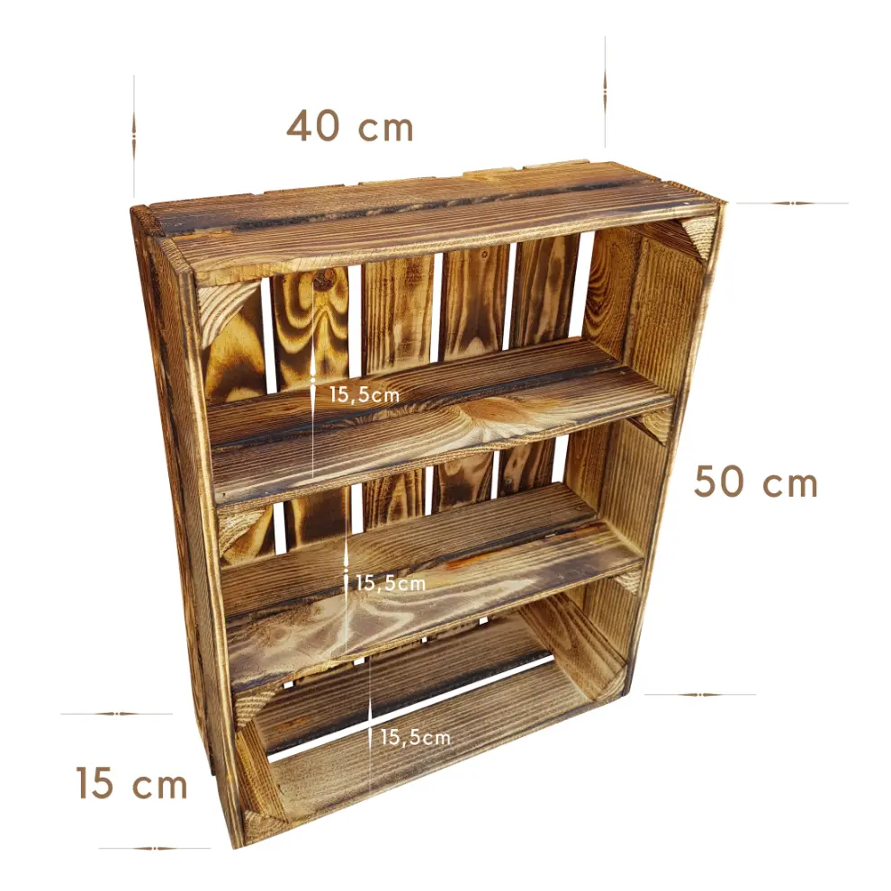Caisses en bois avec étagères de rangement 50×40×15 cm – effet brûlé – Maße