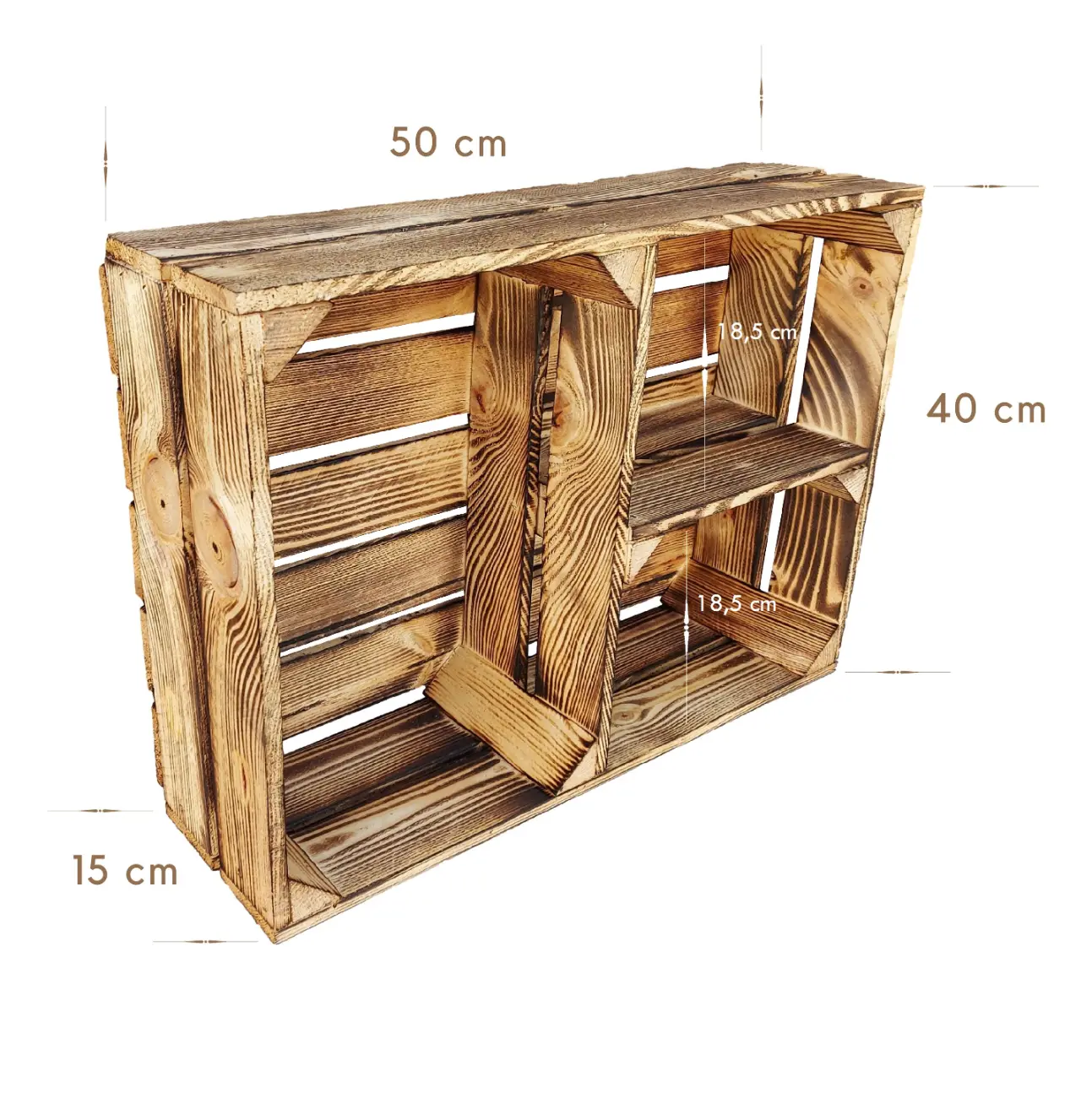Holzkiste mit 2 Böden 50×40×15 cm – natur oder geflammt, rustikal – Maße
