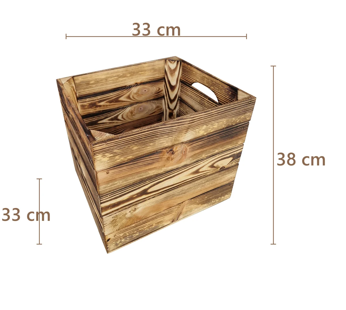 Holzkiste mit Griffen für KALLAX 33×33×38 cm – natur oder geflammt – Maße