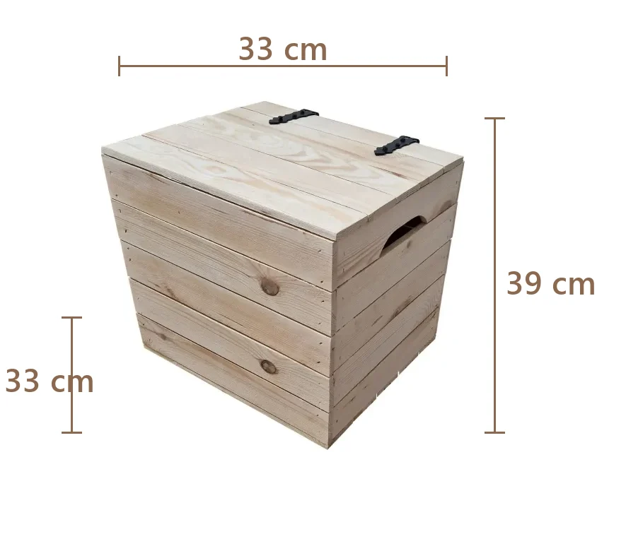 Caisse en bois avec couvercle et poignées 33×33×39 cm – naturel ou effet brûlé – Maße
